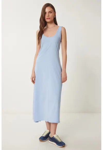 Rochie midi - Happiness Istanbul - decolteu in U - albastru - bumbac