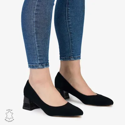 Pantofi Eleganți dama din Piele Naturala INTOARSA CU TOC MIC CRL0982 negru