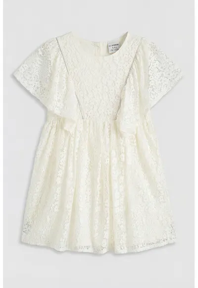 Rochie evazata cu dantela - Alb fildes