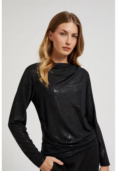 Bluza neagra cu decolteu plisat si maneci lungi - Negru