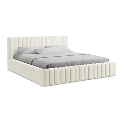Pat matrimonial crem tapițat cu spațiu de depozitare cu somieră 180x200 cm Lemi – Makamii