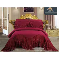 Cuvertura pat dublu, 3 piese, Bumbac Finet, 220x280cm, cu volanase si broderie, Jojo Home, Grena