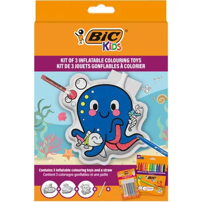 Set 3 jucarii gonflabile cu 12 markere colorate si 6 tuburi cu lipici, Bic