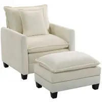 HOMCOM Fotoliu de salon cu taburet, fotoliu 1 loc din chenille, șezut lat, umplutură dublă, 85x128x86cm, crem | Aosom Romania