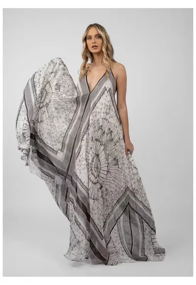 Rochie lunga din matase cu imprimeu grafic