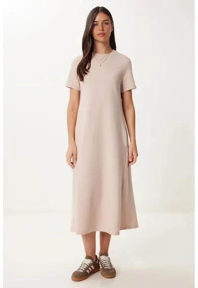 Rochie midi Happiness Istanbul - maneci scurte - crem - bumbac/poliester/elastan