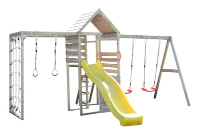 Turn de joaca cu 2 platforme, Wendi Toys, panou de catarare, tobogan, leagan dublu si modul de gimnastica