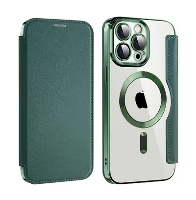 Husa Carte Magsafe, Hybrid, Leather Look pentru iPhone 15 Pro Max, Portofel carduri, Silicon, Verde Engros