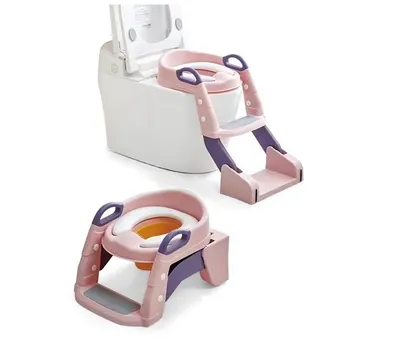 Reductor toaleta pentru copii Little Mom Pink, pliabil, ergonomic, sezut din PVC, manere de sustinere, vas colector detasabil, protectie anti-stropire, suprafata antiderapanta, 55 x 35 x 58 cm