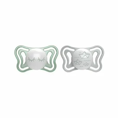 Set 2 suzete bebelusi, Chicco, Physio Light Glow, Ortodontice, Silicon moale, Extra ventilate, Fosforescente, Fara BPA, 16-36 luni, Verde/Gri