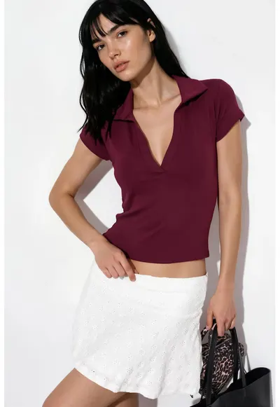 Tricou dama - Polo Ribbed Slim-Fit - rosu burgundy - 48% modal - 47% bumbac