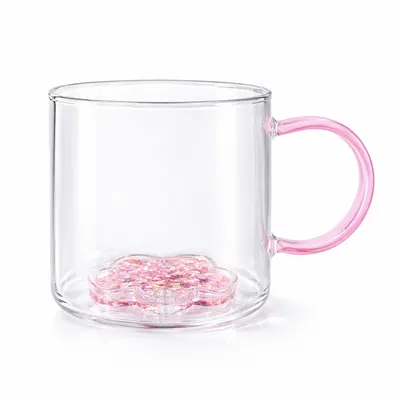 Cană cu model 3D floare roz, pereți dubli, sticlă borosilicată și inserție de sclipici, 300 ml, Aurora Glow