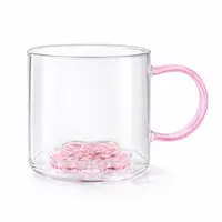 Cană cu model 3D floare roz, pereți dubli, sticlă borosilicată și inserție de sclipici, 300 ml, Aurora Glow