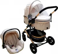 Carucior pentru copii Baby Care PRO 531 Crem 3 in 1, Cadru Aluminiu, Amortizoare, Roti din cauciuc plin, Landou, Scoica auto, Spatar reglabil 3 trepte, Plasa insecte