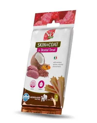 FARMINA N&amp;D Quinoa Dental Treat Skin Coat Venison Medium/Maxi 100 g Batoane pentru caine talie medie si mare, cu vanat