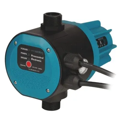 Prescontrol electronic cu reductor de presiune incorporat Evosanitary 683640, 220-240V, 16A, 2.2kW, pornire reglabila 1.0-4.2 bar, IP65, racord 1"