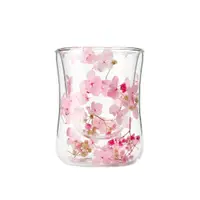 Pahar cu inserție de flori uscate, floarea miresei și hortensie, roz și alb, pereți dubli, sticlă borosilicată, 200 ml, Aurora Bloom