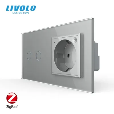 Intrerupator dublu cu touch Zigbee + priza Schuko Zigbee, generatia noua, cu rama sticla Gri