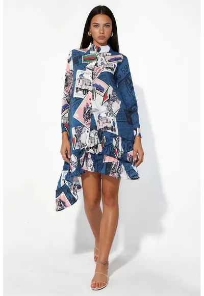 Rochie Mini - Floral - Multicolor - Sifon - Maneci lungi