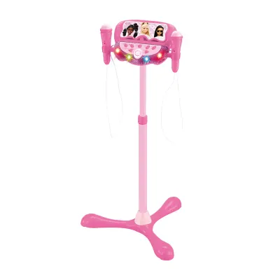 Stativ reglabil cu 2 microfoane, Lexibook Barbie, efecte vocale, lumini si bluetooth speaker, Roz