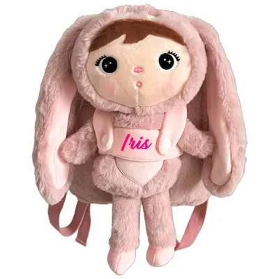 Ghiozdan personalizat Iepuras Pufos Roz cu Papusa Detasabila