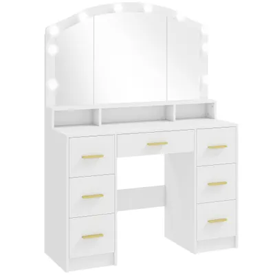 HOMCOM Masă de machiaj cu 10 becuri LED Hollywood, oglindă, 7 sertare, 3 compartimente, MDF, Alb | Aosom Romania