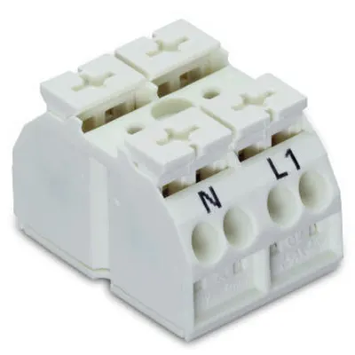 4-conductor chassis-mount terminal strip; 2-pole; N-L1; without ground contact; for 3 mm ø screw and nut; with 2x pin; 4 mm²; 4,00 mm²; white