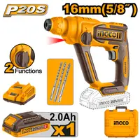 Ciocan Rotopercutor 20V INGCO CRHLI201681E, SDS Plus, 1.5J, 0-850 rpm, 0-5100 bpm, capacitate gaurire beton 16 mm, 1 acumulator 2.0Ah, incarcator, cutie transport