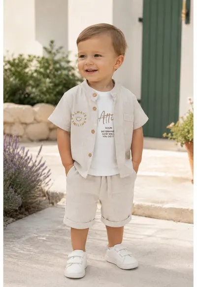 Compleu bebe baieti 3 piese din muselina gri cu tricou alb attitude