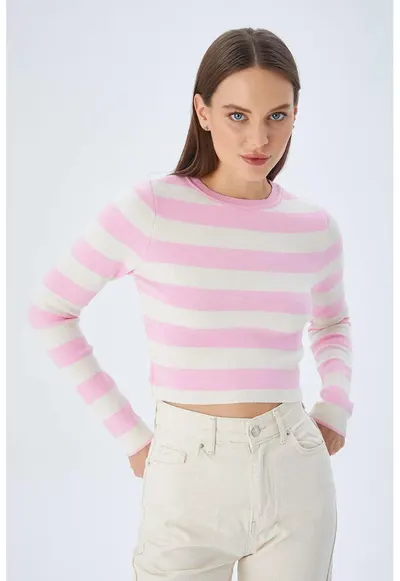 Pulover dama HiCCUP tricotat cu dungi - roz pudrat - material tricot