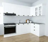 Set bucatarie SQUARE COLT 240x140 cm, 9 corpuri, blat termorezistent, fronturi MDF, alb rustic