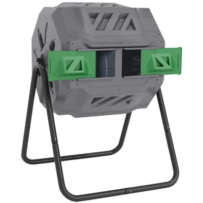 Outsunny Compostor Rotativ cu 2 Secțiuni și 8 Prize de Aerisire din Oțel și PP, 160L, 71x65x96 cm, Gri | Aosom Romania