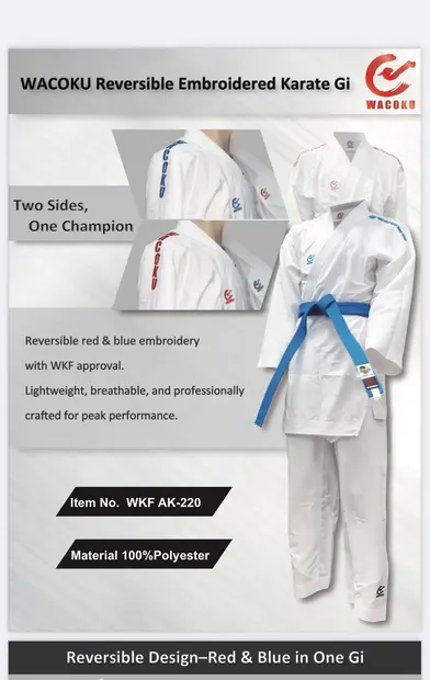 Kimono karate GI- cu bluza reversibila , broderia , aprobat WKF/albastru