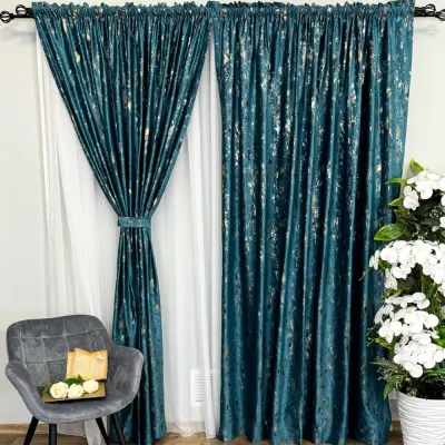 Draperie Catifea CRETA cu insertii aurii, 140cm latime x 260cm inaltime, cu TIV LAT, Turquoise - V6