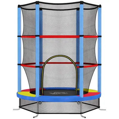 HOMCOM Saltea Elastică pentru Copii 3-6 Ani cu Plasă de Protecție, 6 Stâlpi și 3 Intrări, Ø140x190 cm, Multicolor | Aosom Romania