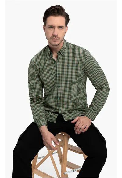 Camasa cu model in carouri - cu guler fixat cu nasturi - maneci lungi - Slim Fit - K-Rube - Verde - Verde