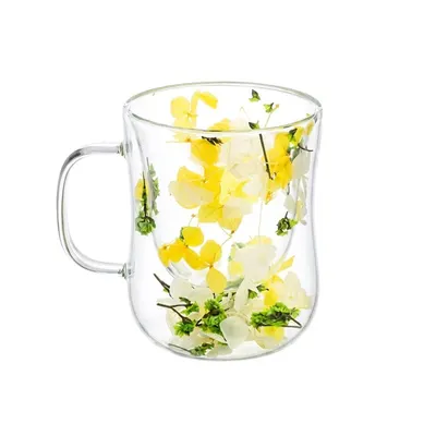Cană cu inserție de flori uscate alb, galben și verde, hortensie și limonium, pereți dubli, sticlă borosilicată, 200 ml, Aurora Bloom