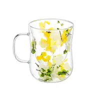 Cană cu inserție de flori uscate alb, galben și verde, hortensie și limonium, pereți dubli, sticlă borosilicată, 200 ml, Aurora Bloom
