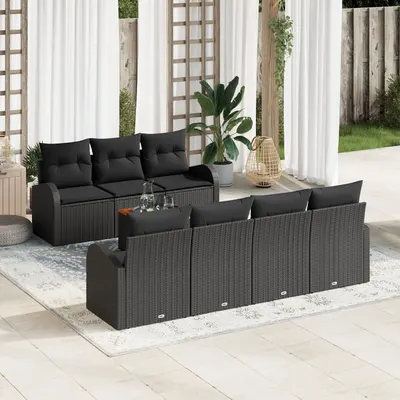 Set de canapea pentru gradina Gossi cu 8 piese cu perne negru ratan poli acacia, set de canapea pentru gradina Gossi cu 2 locuri cu spatiu de depozitare & perne negru ratan poli