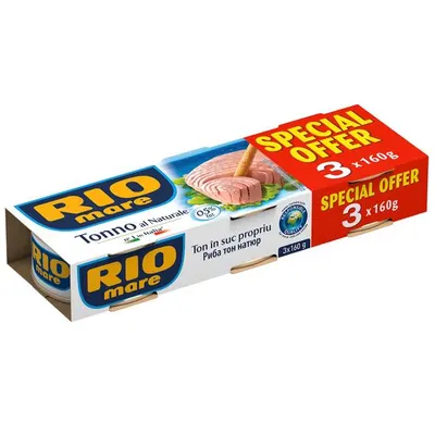 Rio Mare Ton în Suc Natural 3 x 160 g – Pachet Triplu, Proteine Sănătoase și Rapid de Preparat Engros