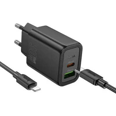Set Adaptor HOCO N63 si Cablu Lightning, Compatibil iPhone, Incarcare rapida 30W, Tehnologie GaN, Negru Engros