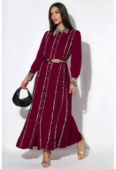 Rochie maxi - casual - rosie - poliester cu lycra - maneci lungi - guler tip camasa