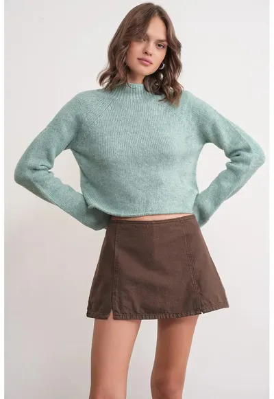 Pulover scurt - tricotat - maneci lungi - verde menta - acrilic-poliester