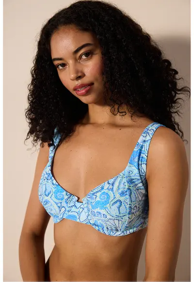 Sutien de baie cu model grafic - Alb/Albastru deschis