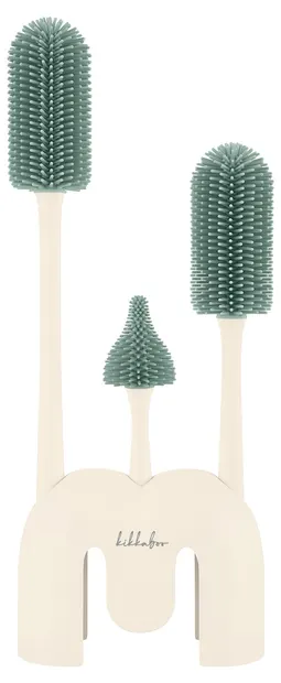 Perii pentru sticle KikkaBoo - Platinum Silicone, 3 bucăți cu suport, Sage