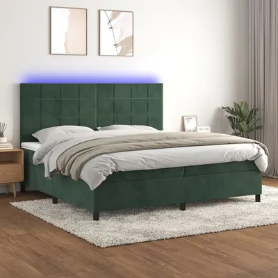 Gossi pat cu arcuri, saltea si led, verde inchis, 200x200 cm, catifea