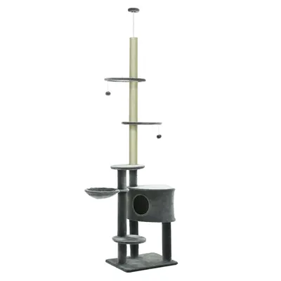 PawHut Kratzbaum deckenhoch Înălțime 220-265 cm Arbore pentru pisici cu bile de joc, cuib pentru pisici, hamac, stâlpi de sisal, platforme, zgârieui pentru pisici cu mai multe etaje pentru pisici de dimensiune medie, Gri închis | Aosom Romania
