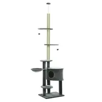 PawHut Kratzbaum deckenhoch Înălțime 220-265 cm Arbore pentru pisici cu bile de joc, cuib pentru pisici, hamac, stâlpi de sisal, platforme, zgârieui pentru pisici cu mai multe etaje pentru pisici de dimensiune medie, Gri închis | Aosom Romania