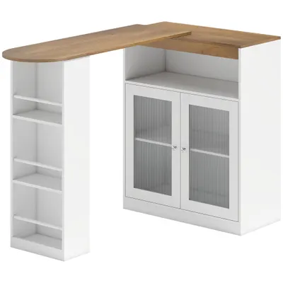 HOMCOM Masă de Bar Extensibilă și Rotativă 360° cu Rafturi Deschise și 2 Uși din Sticlă 150x80x105,5 cm Alb și Lemn Natural | Aosom Romania