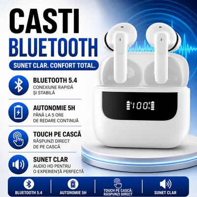 Casti Bluetooth 5.4, Baterie Statie 400mAh, StandBy 150H, Touch pe Casti, Respingere/Raspundere Apel VNC-310, Alb